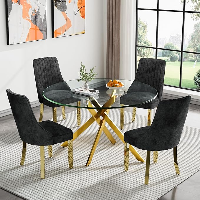Round Glass Dining Table Set for 4, 47'' Clear Circular Kitchen Table and Chairs Set, 5PCS Modern Circle Dining Room Table Set with 4 Dining Chair for Home