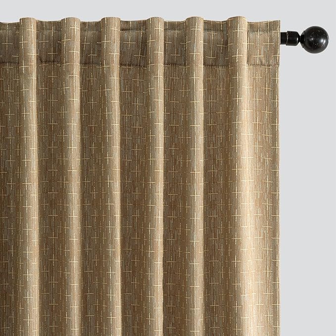 MIULEE Decorative Back Tab Linen Curtains with Geometric Pattern for Living Room Bedroom Farmhouse Rustic Thick Woven Textured Patterned Mudcloth Drapes 96 Inches Long 2 Panels Set, Khaki