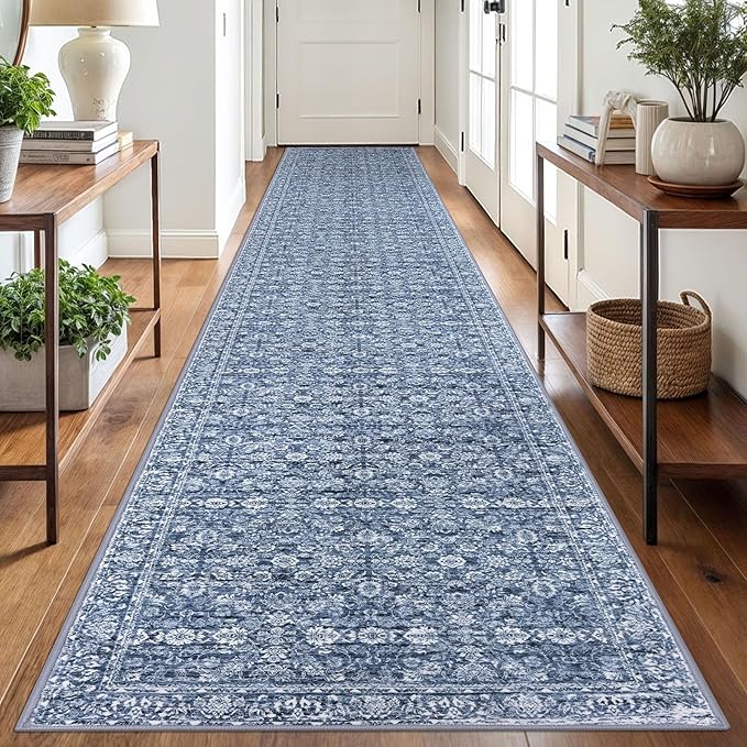 2.6x18 Runner Washable Rug for Kitchen, Blue Soft Classic Runner with Non-Slip, Non-Shedding Distressed Floral Rug for Hallways Entryway Bedroom Bathroom Laundry Indoor