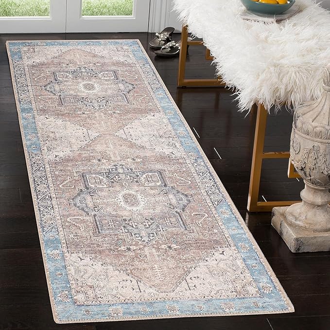 GLN Rugs Traditional Collection - Machine Washable Area Rug, Traditional Washable, Non Slip, Low Pile Chenille Rug, Living Room, Bedroom, Kitchen Rug (2'6"x7' Brown/Blue)