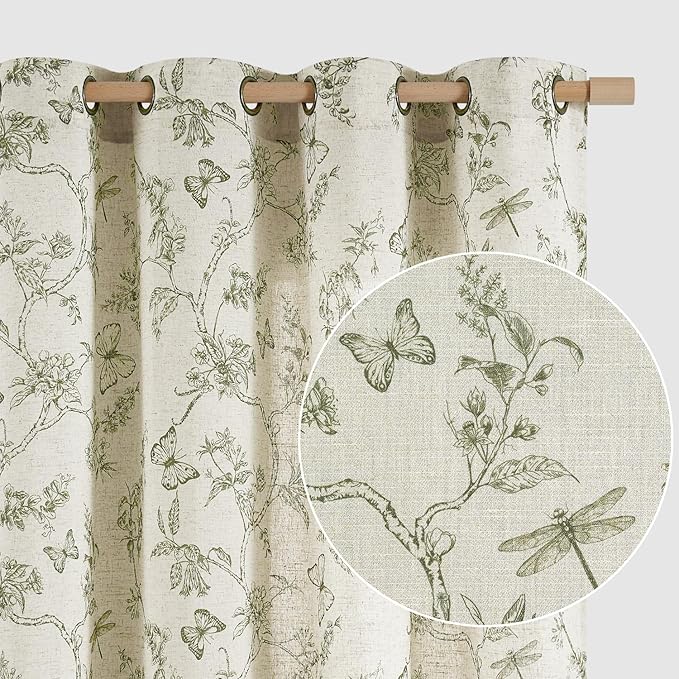 Lazzzy Green Floral Linen Farmhouse Curtains 84 Inch Length Drapes for Living Room Bedroom Pattern Light Filtering Country Vintage Curtain Grommet Top, 2 Panels, Green on Beige