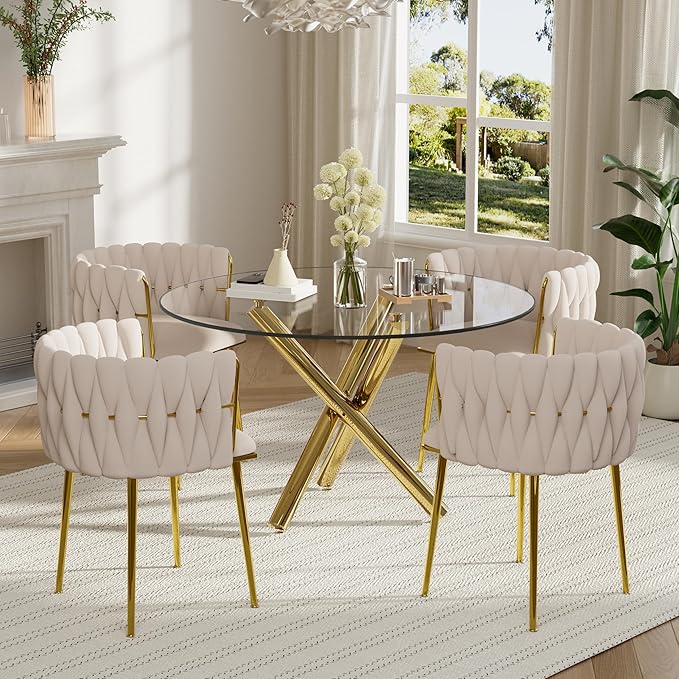 Golden Round Dining Table Set for 4, 39'' Clear Glass Top Dinner Table Set, 5 Piece Modern Luxury Circle Kitchen Table and Ivory Woven Chairs Set, Small Circular Dinette Set, for Apartment