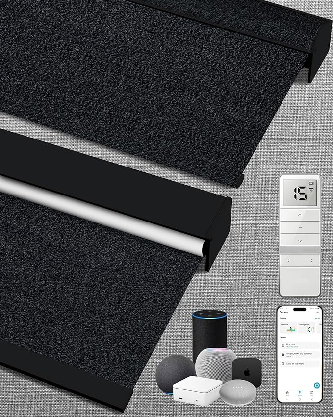 Kincmo Motorized Blinds with Remote,100% Blackout Motorized Roller Shades Work with Apple Homekit,Alexa,Google, Custom Electric Blinds with App,Voice Control (Eclipse Onyx Black)