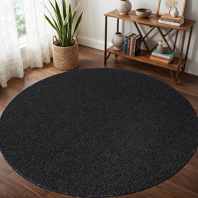 Beverly Rug Non-Slip Modern Rug 4 Round Solid Traditional Rubber Backing Machine Washable Soft Thin Indoor Area Rugs for Living Room Stain Resistant Non Shedding Casual Carpet (4 Round Dark Gray)