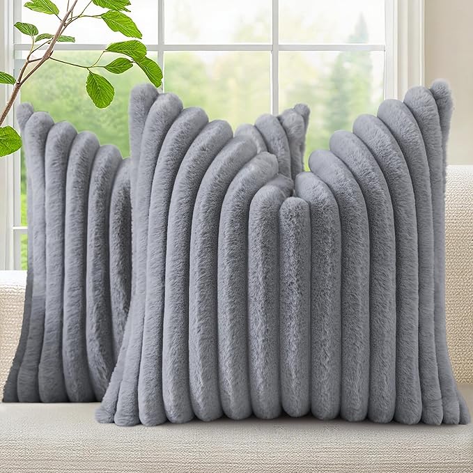 decorUhome Faux Fur Spring Throw Pillow Covers 22x22 Set of 2, Decorative Soft Plush Striped Neutral Couch Euro Pillow Covers with Velvet Back for Sofa, Bed, Living Room Home Decor, Grey
