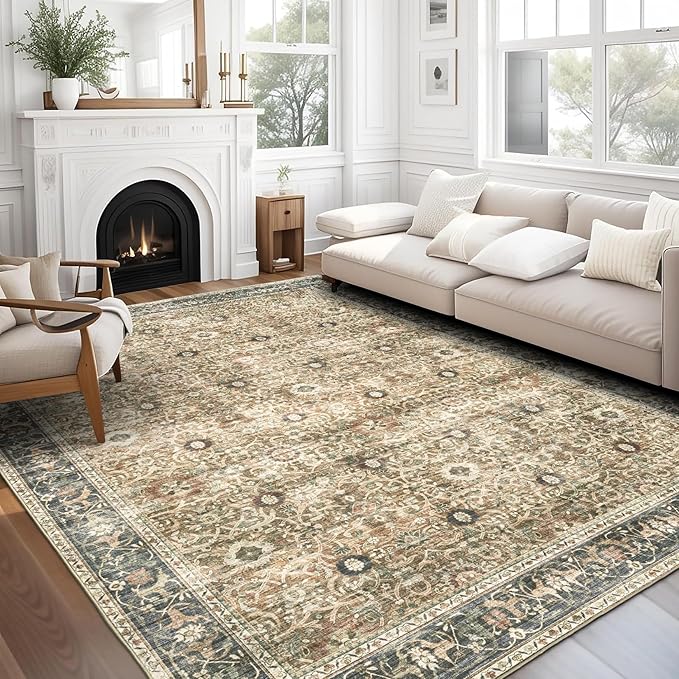 ReaLife Rugs Machine Washable Area Rug Runner - Living Room Bedroom Bathroom Kitchen Entryway Office - Padded Low Pile Stain Resistant Premium - Boho Farmhouse Vintage - Dua - Brown Gray Beige 3'x5'