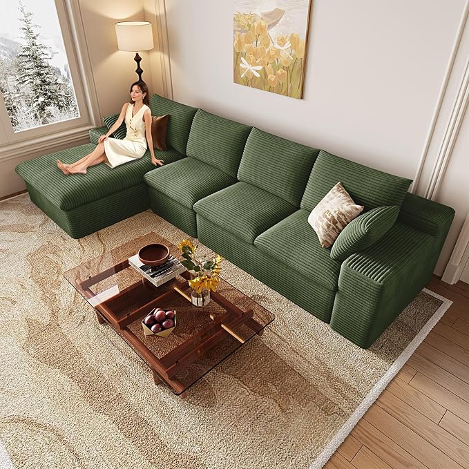 136" Cloud Couch Modular Sectional Sofa for Living Room, L-Shape Boneless Couch with Deep Seat, Modern Corduroy 4-Seater, No Assembly Required (Green,Left-Facing Chaise)