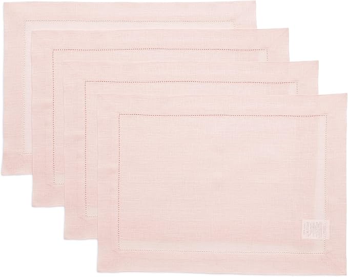 Solino Home Linen Placemats Set of 4 - Classic Hemstitch Pink Placemats 14 x 19 Inch - 100% Pure Linen Table Mats for Christmas
