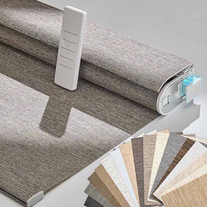 Persilux Smart Motorized Blinds with Remote, No Drill Automatic Roller Shades for Indoor Windows, Light Filtering Linen Fabric, Electric Blinds for Windows, Linen Brown C156-4, Custom Size