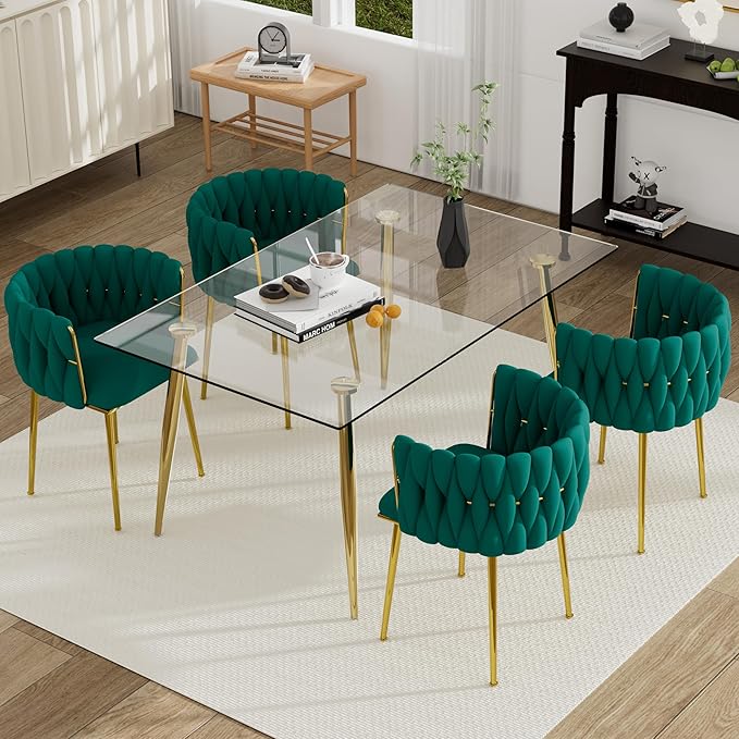 Golden Glass Dining Table Set for 4, 5 PCS Clear Glass Top Dining Room Table Set, 51'' Modern Luxury Rectangular Kitchen Table Set with Green Woven Chair, for Home Small Apartment