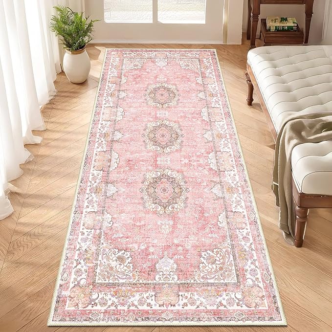 Washable Runner Rug 2'x6',Pink Rug Runners Non Slip,Long Boho Rugs for Hallways Kitchen Bathroom Bedroom Entryway,Vintage Bohemian Distressed Floor Carpet,Blush Floral Flowers