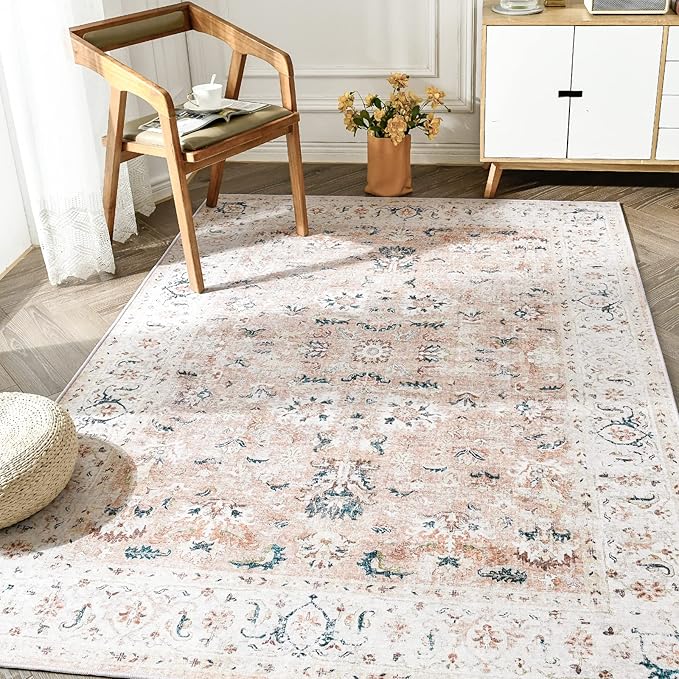 jinchan Area Rug 3x5 Entryway Rug - Washable Vintage Boho Floral Floor Cover Lightweight Low Pile Indoor Doormat Thin Non-Slip Carpet for Kitchen Living Room Bedroom Dining Room Office Pink Blush
