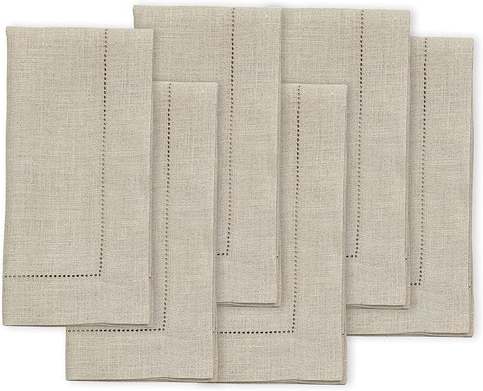Solino Home Natural Linen Napkins Set of 6-100% Pure Linen Hemstitch Dinner Napkins 20 x 20 Inch for Christmas, Holiday, New Year - Classic Hemstitch