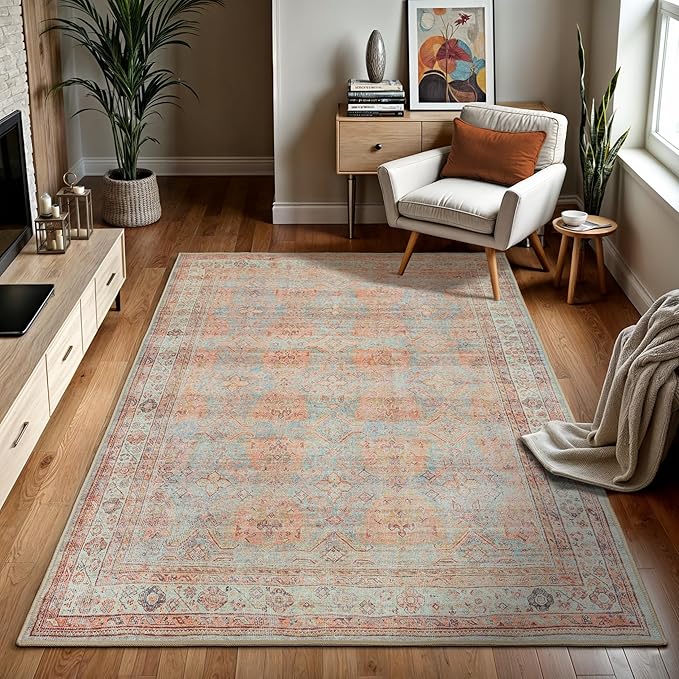 GLN Rugs Traditional Collection - Machine Washable Area Rug, Traditional Washable, Non Slip, Low Pile Chenille Rug, Living Room, Bedroom, Kitchen Rug (4'x6' Multicolor)