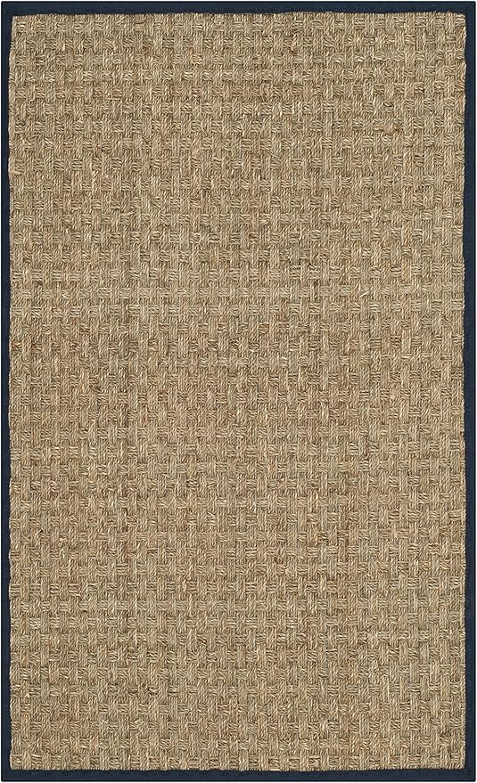 SAFAVIEH Area Rug 2x3 - Natural Fiber Collection - Natural & Blue, Seagrass, Basketweave Pattern with Border (NF114E)