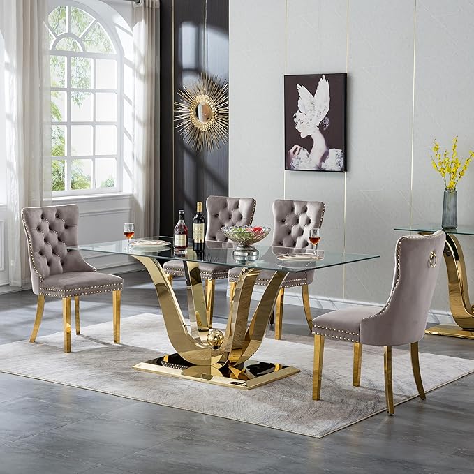 5-Piece Glass Dining Table Set w/4 Gray Upholstered Dining Chairs, 70in Rectangular Large Kitchen Table Set for 4, Glass and Gold Dining Table and Chair Set for 4