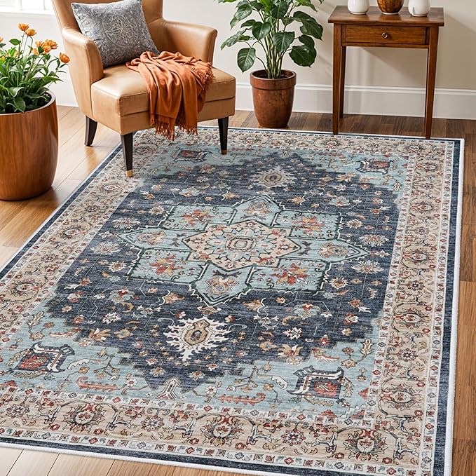 Washable Oriental Area Rug - 3x5 Rugs for Living Room Soft Carpet for Bedroom Waterproof Floral Distressed Indoor Stain Resistant Non-Shedding Floor Carpets (Blue/Teal/Orange, 3x5)