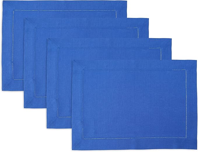 Solino Home Linen Placemats Set of 4 - Classic Hemstitch Royal Blue Placemats 14 x 19 Inch - 100% Pure Linen Table Mats for Holiday, Winter, Christmas, New Year