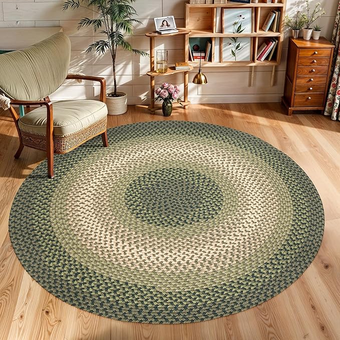 Tranquility TQ22 Green 6' x 6' Round - Braided Area Rug, Home Decor, Floor Mat or Bedroom Rug - Easy Care, Ideal for High Traffic Areas in Hallway and Living Room - Made in USA