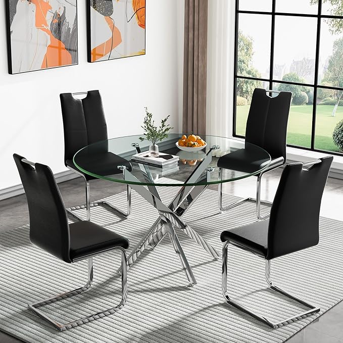 HomVent Round Glass Dining Table Set for 4, 5-Piece Modern Kitchen Table Set with 4 PU Upholstered Chair for Kitchen Dining Room, Glass Dining Room Table Set