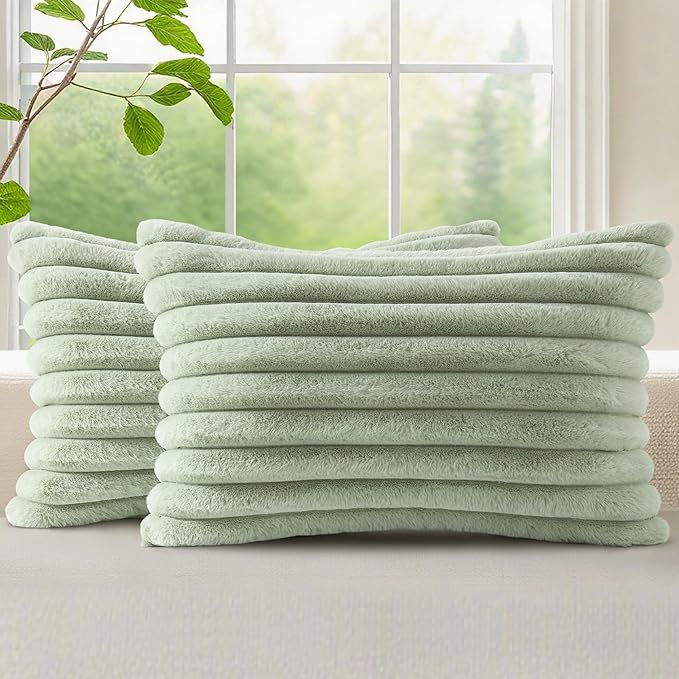 decorUhome Faux Fur Spring Throw Pillow Covers 12x20 Set of 2, Decorative Soft Plush Striped Neutral Couch Euro Pillow Covers with Velvet Back for Sofa, Bed, Living Room Home Decor, Sage Green