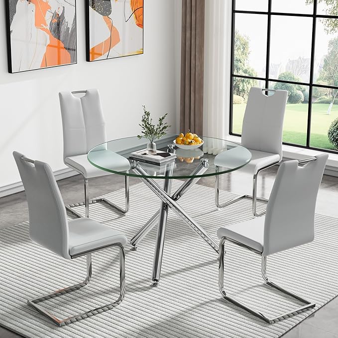 HomVent Round Glass Dining Table Set for 4, 5-Piece Modern Kitchen Table Set with 4 PU Upholstered Chair for Kitchen Dining Room, Glass Dining Room Table Set