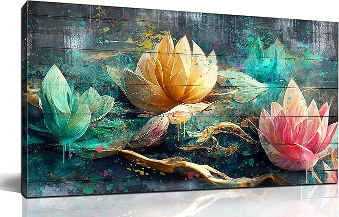 GUGIKA Lotus Flower Wall Art for Living Room, Floral Canvas Wall Decor for Bedroom, Teal Vintage Print Painting, Colorful Artwork for Home, Aesthetic Picture Decoration, Size 40x20