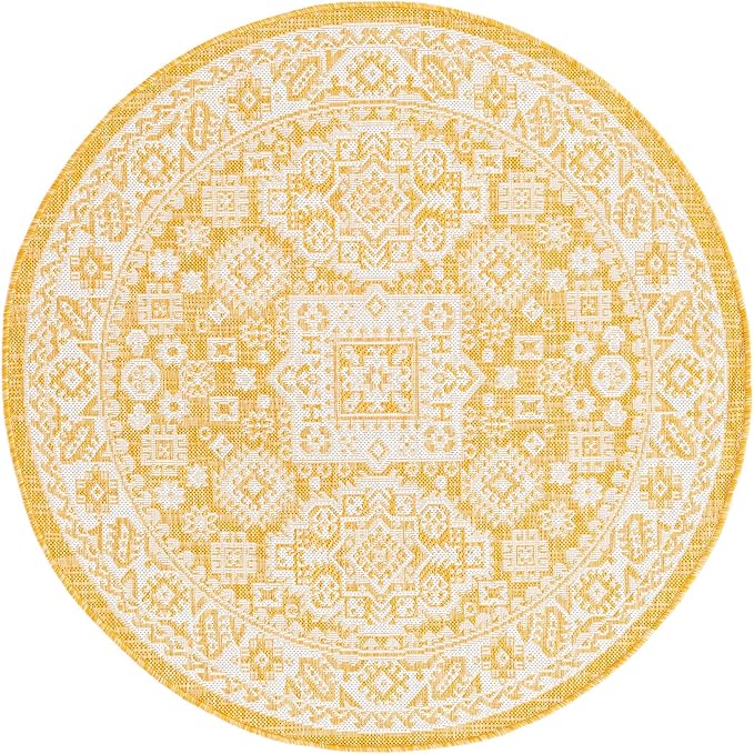 Rugs.com Outdoor Aztec Collection Rug – 4 Ft Round Yellow Flatweave Rug Perfect for Kitchens, Dining Rooms
