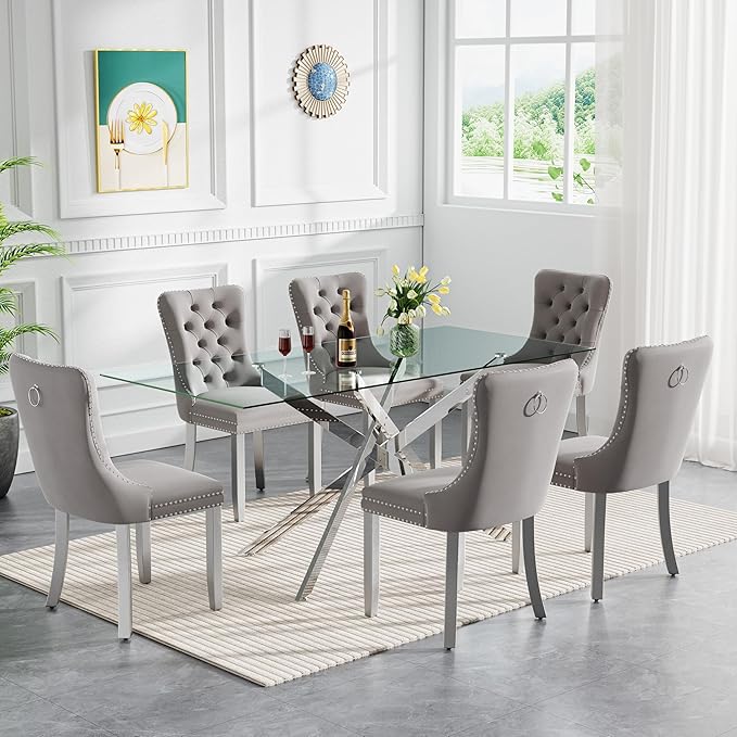 HomVent 7 Piece Rectangular Glass Dining Table Set, Tempered Glass Dinner Table Set for 6 Kitchen Table Set with 6 Velvet Upholstered Chairs for Kitchen Dining Room