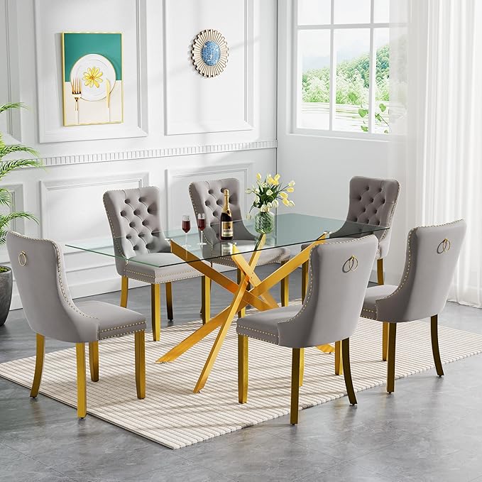 HomVent 7 Piece Rectangular Glass Dining Table Set, Tempered Glass Dinner Table Set for 6 Kitchen Table Set with 6 Velvet Upholstered Chairs for Kitchen Dining Room