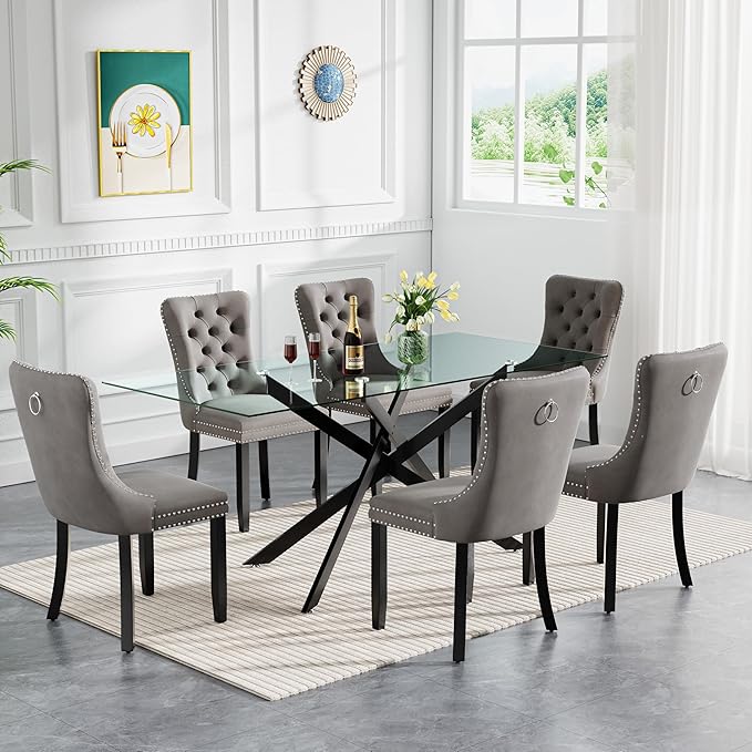 HomVent 7 Piece Rectangular Glass Dining Table Set, Tempered Glass Dinner Table Set for 6 Kitchen Table Set with 6 Velvet Upholstered Chairs for Kitchen Dining Room