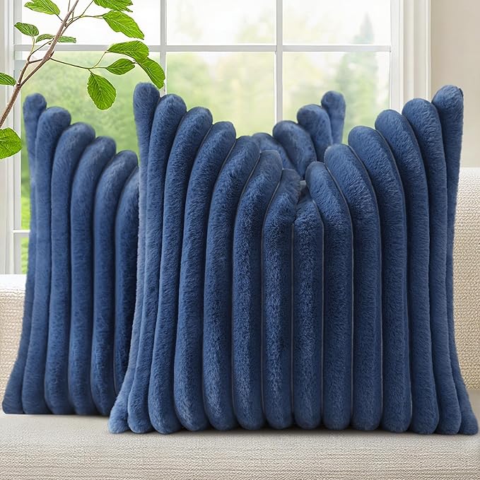 decorUhome Faux Fur Spring Throw Pillow Covers 20x20 Set of 2, Decorative Soft Plush Striped Neutral Couch Euro Pillow Covers with Velvet Back for Sofa, Bed, Living Room Home Decor, Blue