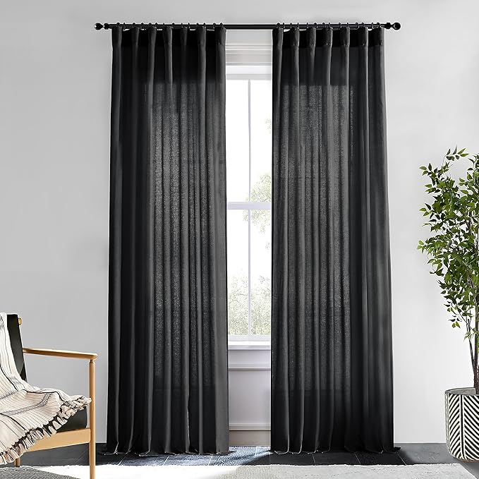 XTMYI Black Sheer Curtains 84 Inches Long for Bedroom Linen Back Tab Pleated No Grommets Semi Privacy Light Filtering Boho Window Drapes for Living Room,84 Length 2 Panels Set