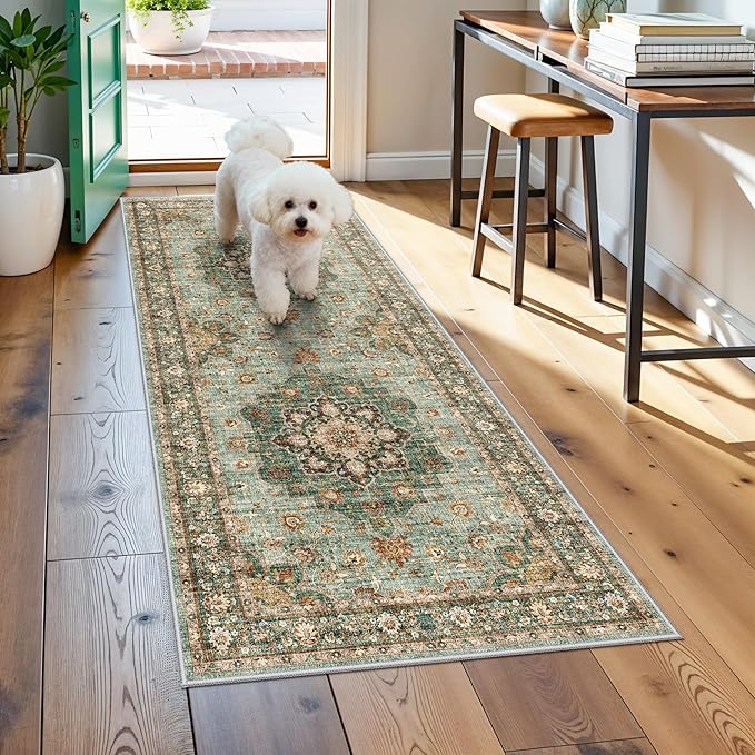 Washable Entryway 2x5 Rug - Small Throw Runners for Kitchen Bathroom Bedroom Non-Slip Ultra-Thin Indoor Door Mat Indoor Entrance - Stain Resistant Vintage Home Decor (Green, 2X5)
