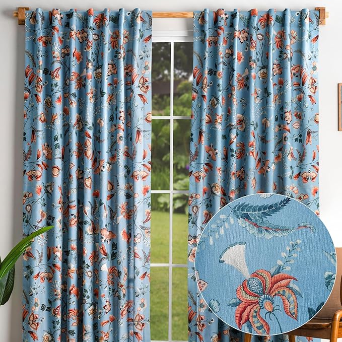 Maison d' Hermine Curtains for Living Room 100% Cotton 96 inch Length Two Panels Light Filtering Curtains for Bedroom Windows with Rod and Loop Pockets Drapes (Dalida Blue, 50" W x 96" L)