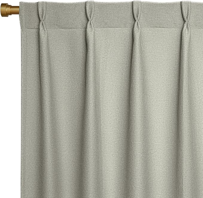 Joydeco Greyish White Pinch Pleated Thick Linen Curtains 90 Inch Long 2 Panel Set for Living Room, Double-Faced Curtain for Bedroom, Back Tab Blackout Drapes with Adjustable Hooks (40”W x90”L)