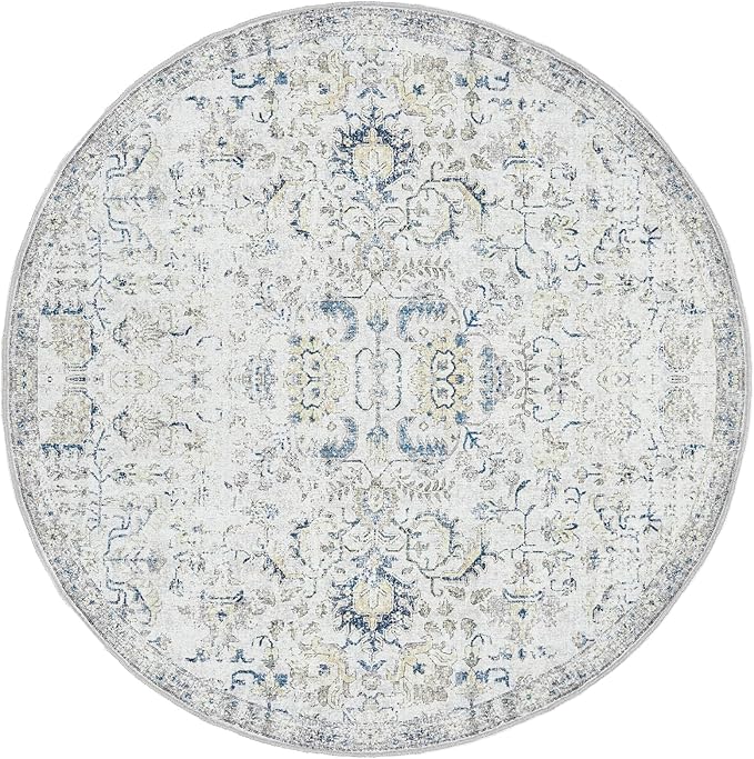 jinchan Kalen Round Rug 7ft Area Rug Washable Vintage Indoor Retro Accent Floor Cover Distressed Floral 7' Round Circle Boho Non Slip Thin Carpet for Living Room Dining Room Bedroom Kitchen Blue