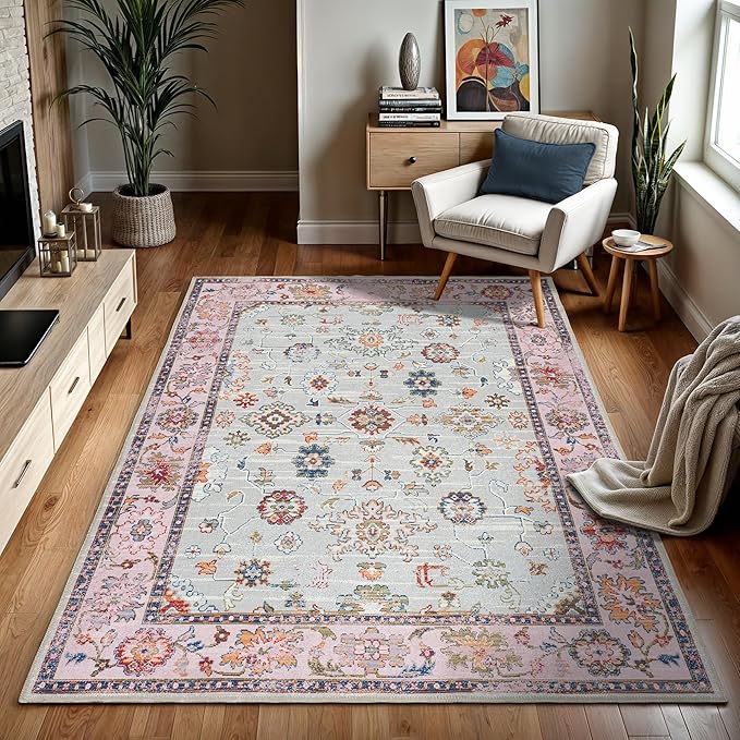 GLN Rugs Traditional Collection - Machine Washable Area Rug, Traditional Washable, Non Slip, Low Pile Chenille Rug, Living Room, Bedroom, Kitchen Rug (7'10"x10' Pink and Gray)