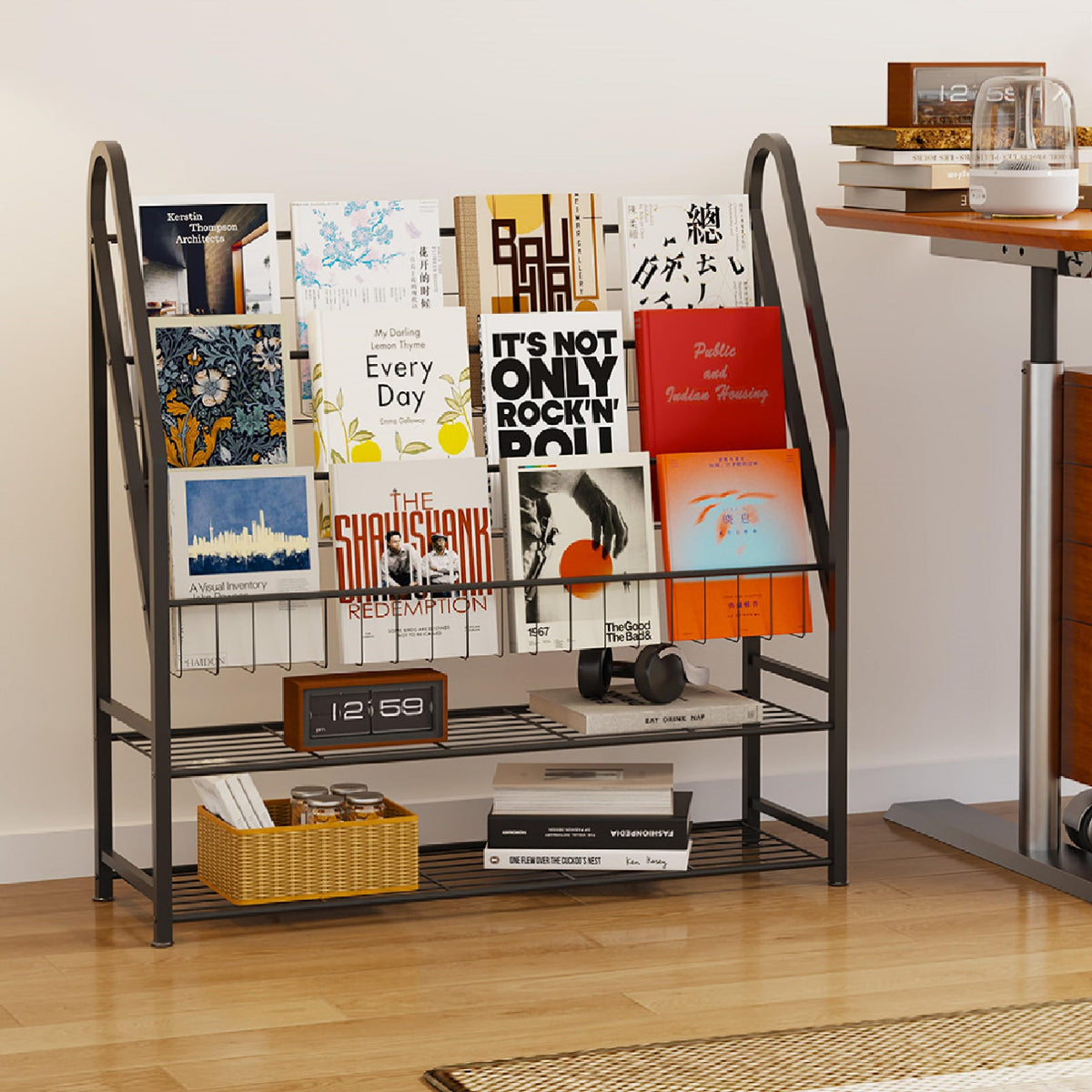 Arbuxzuy Magazine Rack Small Metal for Storage Freestanding 11.8" D x 32.3" W x 38.2" H, Sofa Height Book Shelf Short Inclined for Display and Storage, Ladder Bookcase for Home Office, Black