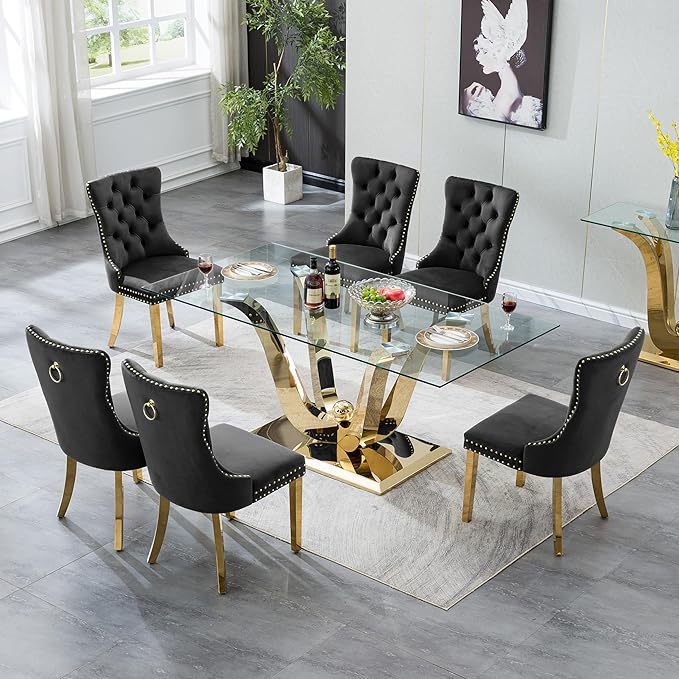 7-Piece Glass Dining Table Set w/6 Black Upholstered Dining Chairs, 70in Rectangular Large Kitchen Table Set for 6, Glass and Gold Dining Table and Chair Set for 6