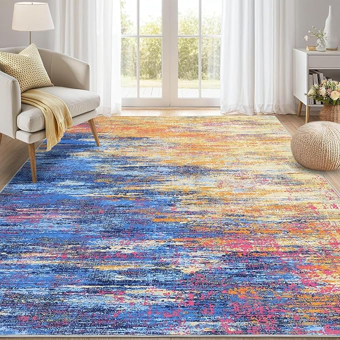 Modern Abstract Living Room Rug 10x13, Machine Washable Large Carpet, Non Slip Low Pile Throw Rug, Ultra Soft Indoor Floor Carpet for Bedroom Dining Room Table Home Decor, Blue/Orange