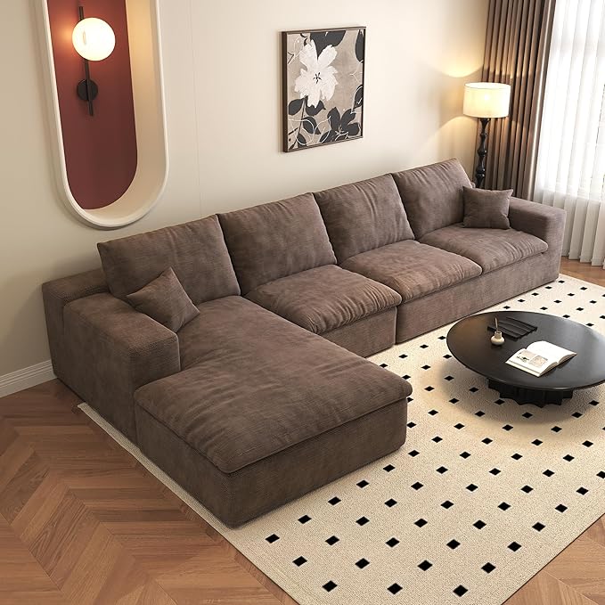 136.6'' L-Shaped Modern Modular Sectional Cloud Couch, 4-Seat Chenille Deep-Seat Sofa with Pillow for Living Room, Bedroom, Apartment, Camel