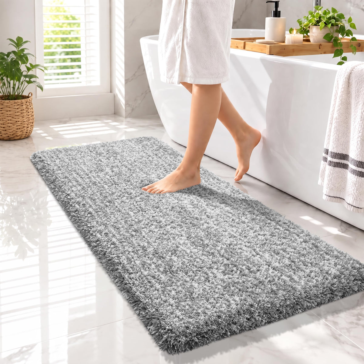 Yimobra Bathroom Runner Rug Non Slip Washable 56x24, Bath Mat, Gray&White
