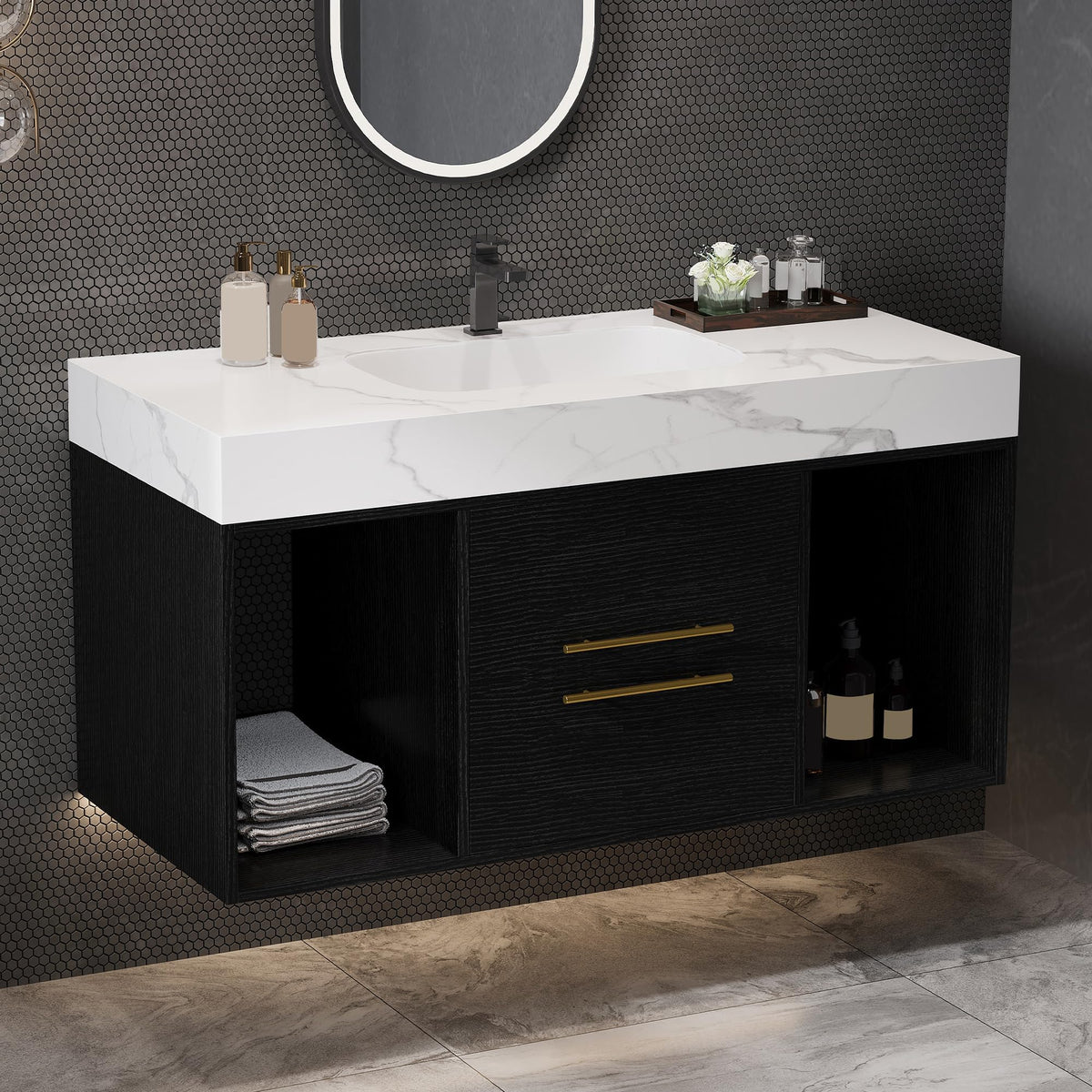 Modern Wall Mounted Bathroom Vanity with Ceramic Sink, Black Bathroom Cabinet with Sintered Stone Top, Floating Vanity and Sink Set with 2 Drawers and 2 Open Shelf (Black&White, 39.4inch)