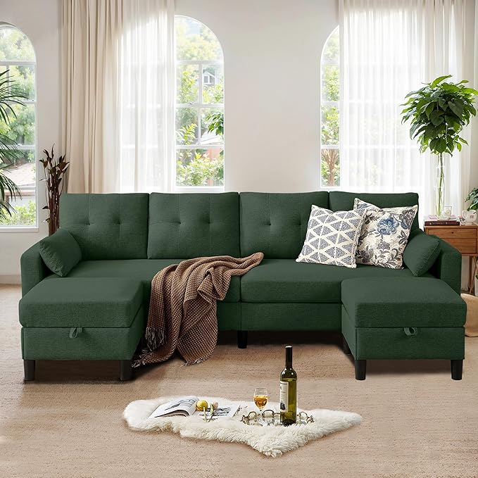 101" Sectional Sofa 4 Seat U Shaped Couch with Storage Ottoman for Living Room, Reception Room ect, Combination Sectional Couch with Movable Ottoman Sets, Green