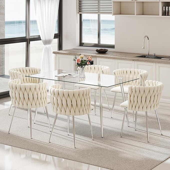 Silver Glass Dining Room Table Set for 6, 63'' Modern Luxury Rectangular Dinner Table Set, 7 PCS Clear Glass Top Minimalist Kitchen Table Set, Ivory Woven Dining Chair for Small Apartment