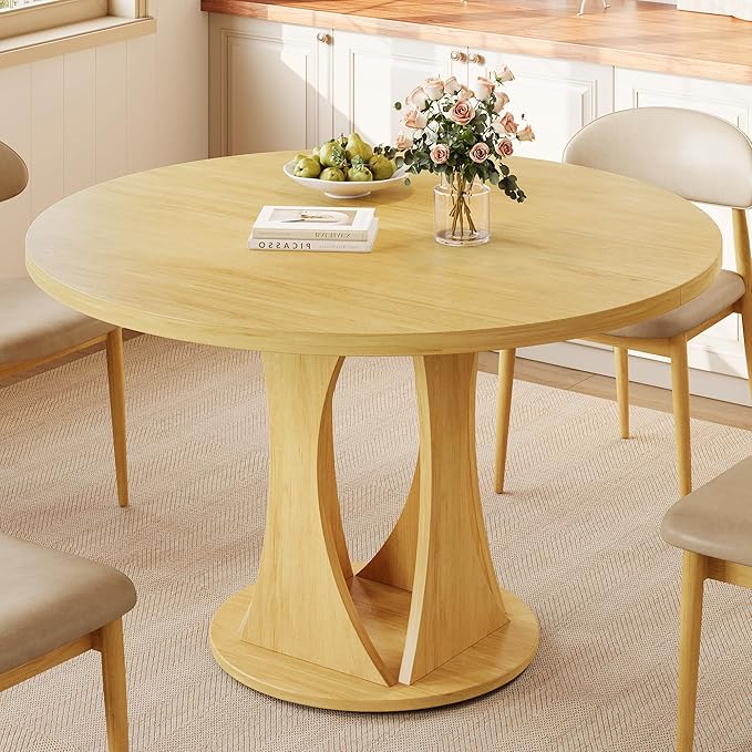 Round Dining Table for 4-6, Kitchen Table with Sturdy Double Arc & Rounded Base & Backboard Clasp Desktop, Mid-Century Modern Circle Dinner Table for Dining Living Room, Space Saving, Natrual