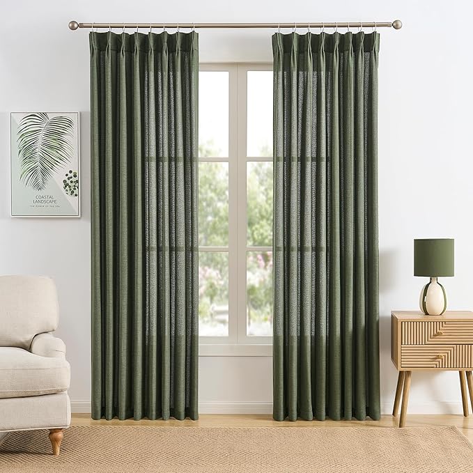 RAIN CITY Olive Green Sheer Curtains 92 Inches Long 2 Panels Set, Semi Sheer Boho Decor Light Filtering Privacy Window Drapes for Bedroom Living Room 50 Inch Wide x 92 Inch Long