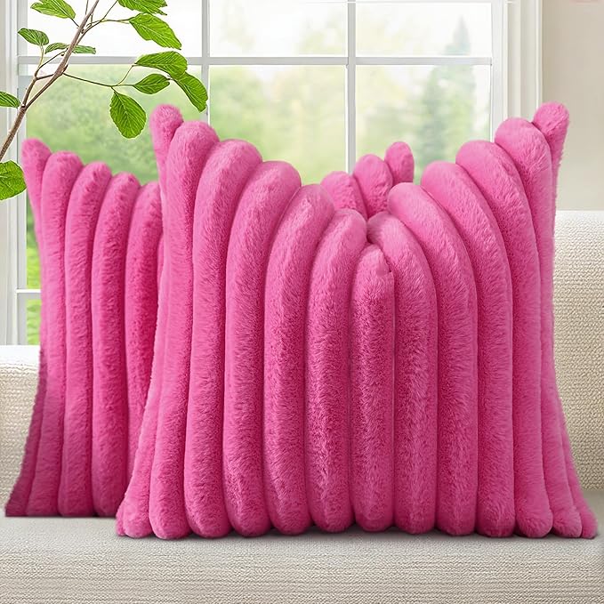 decorUhome Faux Fur Spring Throw Pillow Covers 26x26 Set of 2, Decorative Soft Plush Striped Neutral Couch Euro Pillow Covers with Velvet Back for Sofa, Bed, Living Room Home Decor, Hot Pink