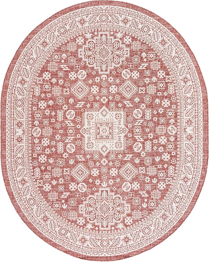 Rugs.com Outdoor Aztec Collection Rug – 8' x 10' Oval Rust Red Flatweave Rug Perfect for Living Rooms, Large Dining Rooms, Open Floorplans